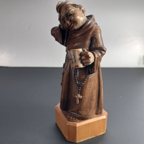 Hungover Monk Figurine Italy Anri Toriart Vintage Resin HB Beer Stein Wood Base - Picture 5 of 10
